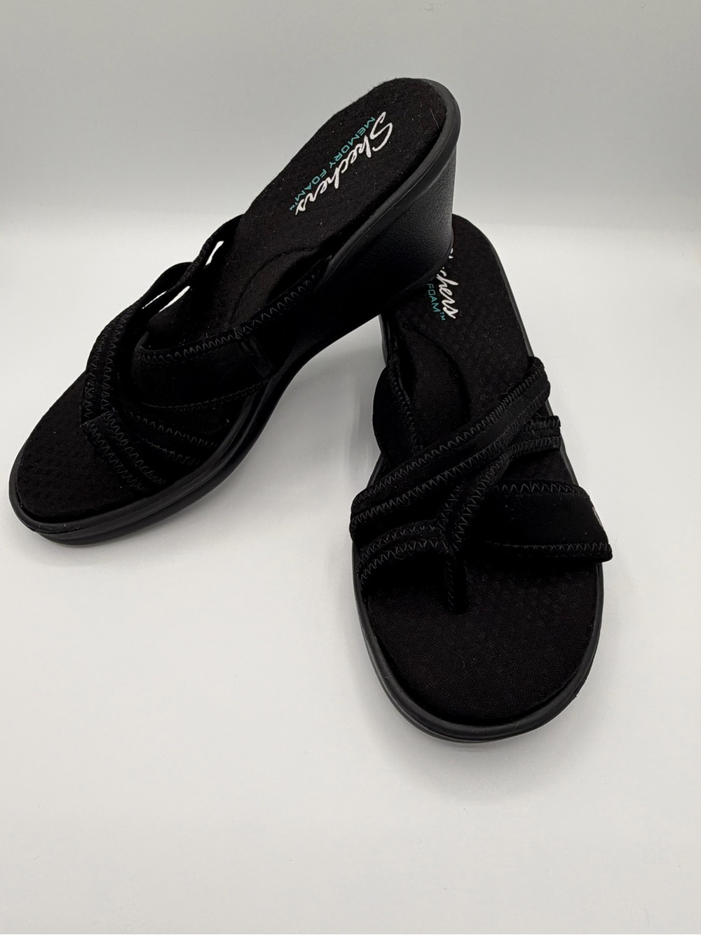 Skechers Black Women's Slip-On Wedge Sandals with Crisscross Straps
